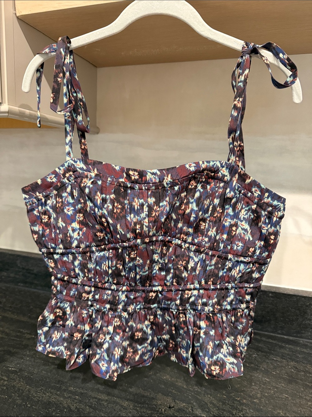 Ulla Johnson Floral Tie-Shoulder Smocked Peplum Top in Plum